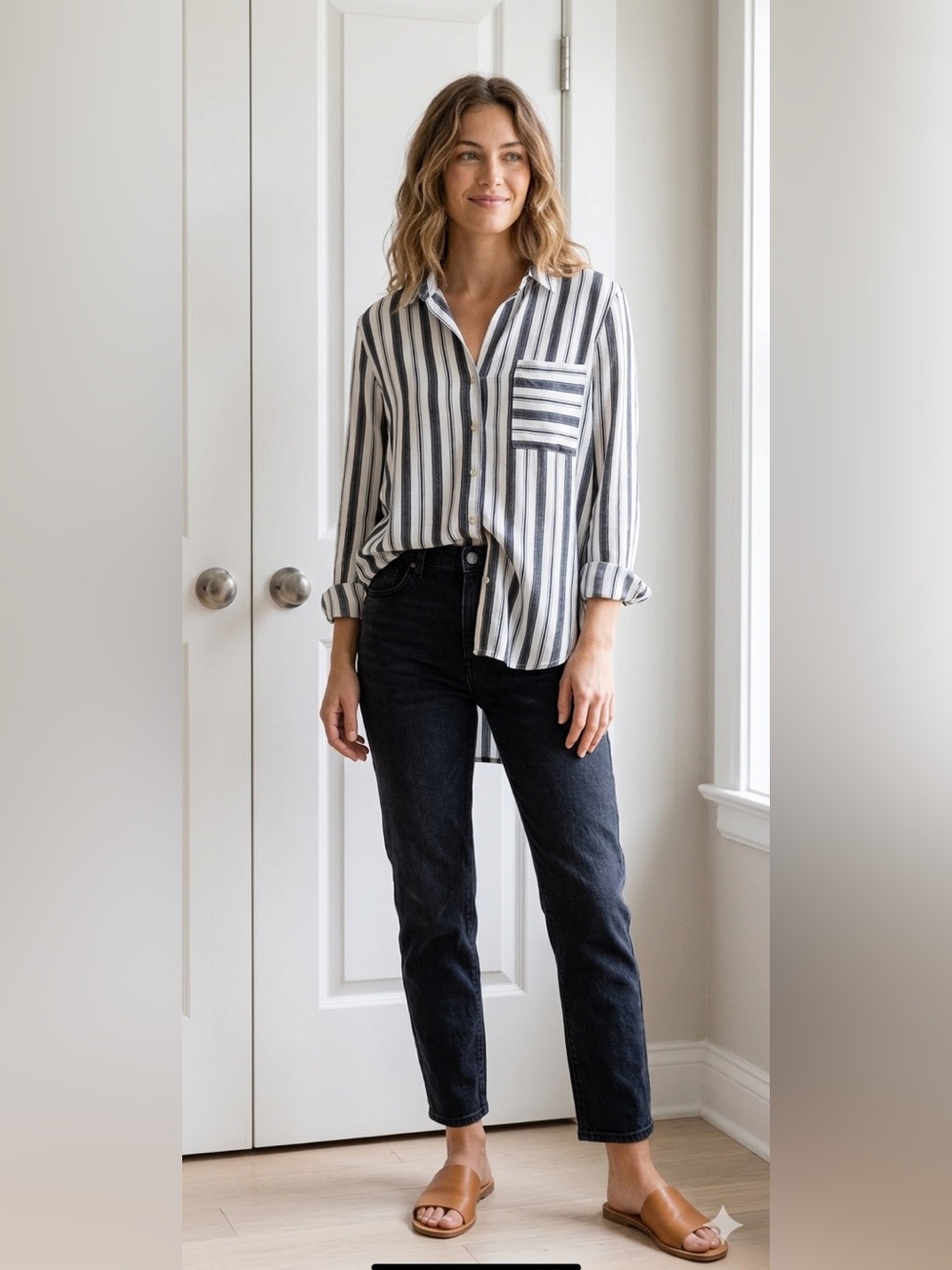 ESQUALO Black and White Striped Button-Up Shirt